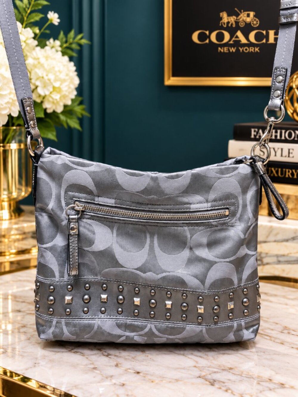vintage-inspired Coach Signature Stripe Studded File Crossbody Bag (Model F17978